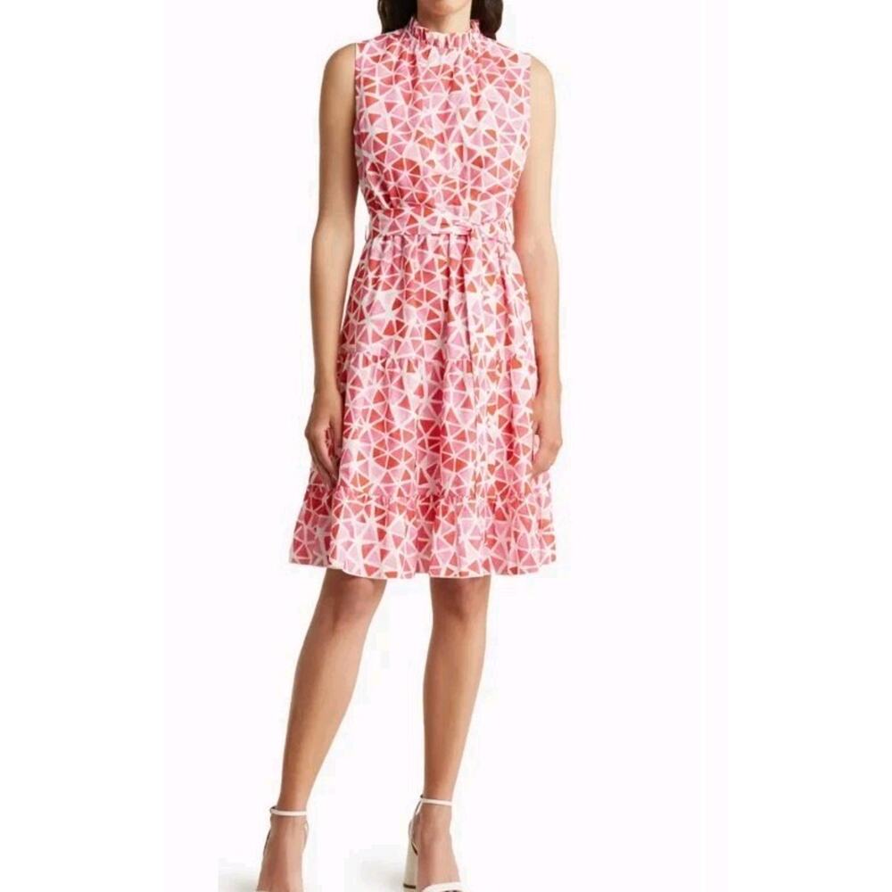 NEW AREA STARS Diamond Sleeveless Dress Size M Pink White Mock Neck Ruffle